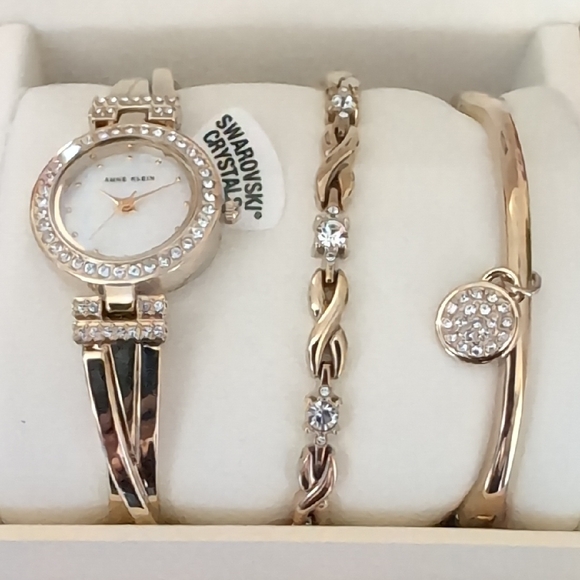 Anne Klein Gold Watch and Bracelet Trio with Crystals